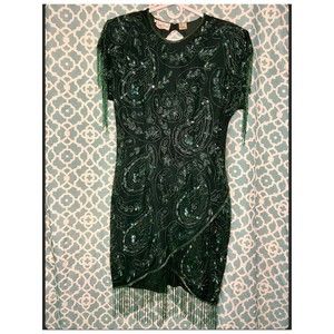Vintage Laurence Kazar Sequined/ Beaded Dark Green Dress size Small.
